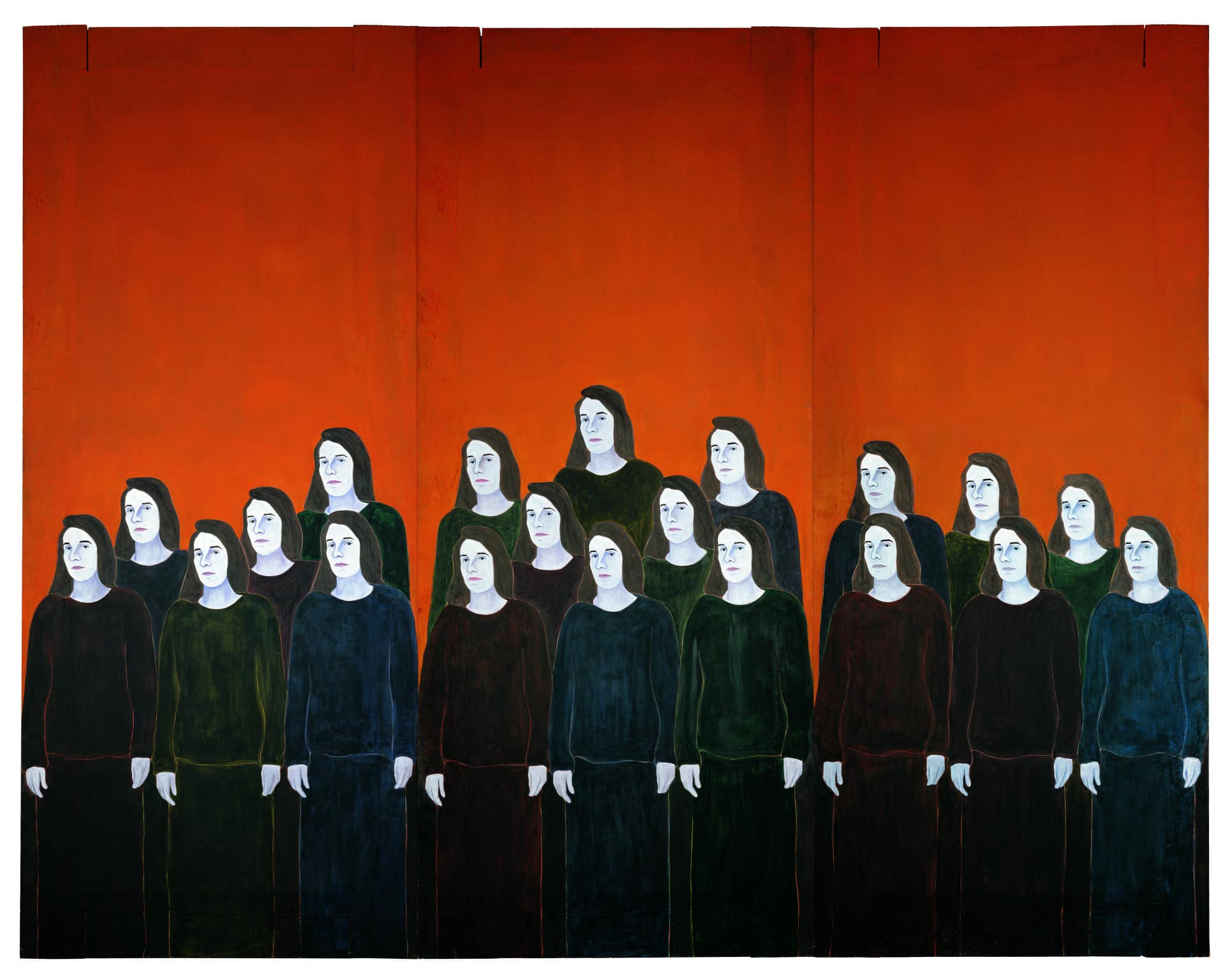 Djamel TATAH, Les Femmes d’Alger, 1996, huile et cire sur toile et bois, triptyque, 350 x 450 cm, Toulouse, Collection les Abattoirs, Musée -Frac Occitanie Toulouse, donation de la Caisse des dépôts et consignations, inv. 2004.3.3. © Jean de Calan / ©Adagp, Paris, 20