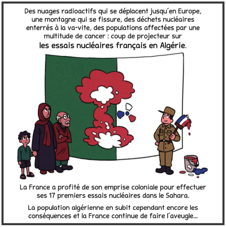 Première planche de la BD « Les essais nucléaires français en Algérie » (crédit Aymerick Paccoud / ICAN France, octobre 2023).